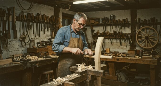 Artisan wheelwright shaping a wooden spoke in his traditional workshop studio