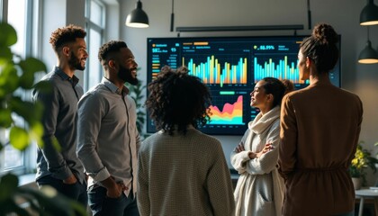 Diverse team brainstorming and analyzing data on a large display screen in office
