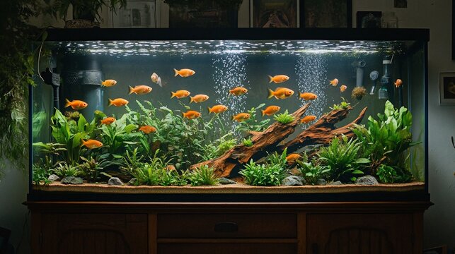 A large aquarium filled with goldfish, plants, wood, and bubbling air stones