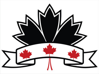 Bold black maple leaf with a white banner featuring three red maple leaves. A patriotic Canadian vector, ideal for branding, logos, and national celebrations.