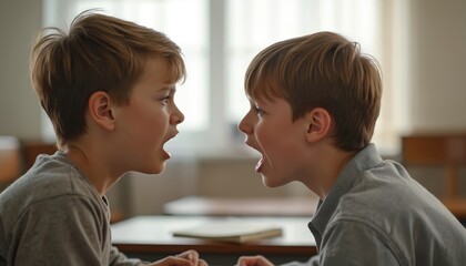 Two boys shout in classroom. Conflict, argument, disagreement, aggressive behavior between pupils. Education school conflict theme. Angry kids yelling at during conflict in education. Classroom