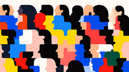 Diverse Crowd Illustration: A colorful and modern artwork showcasing stylized profiles, representing unity and individuality. Bright, geometric design.