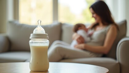 Feeding bottle filled with milk on table. In background mother hugs newborn baby on sofa. Tender caring mom breastfeeding baby. Soft lighting home atmosphere, parenting, infancy, maternity, love,