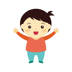 Obraz premium Cheerful cartoon illustration of a little boy with arms raised in a welcoming gesture