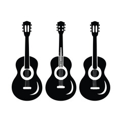 Silhouette of guitars, Set of black and white acoustic guitars