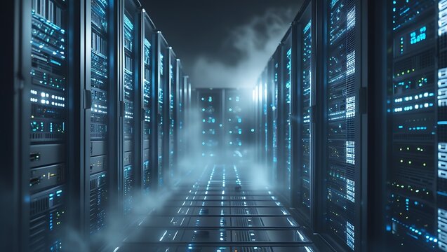 Futuristic high-tech server room with glowing blue LEDs