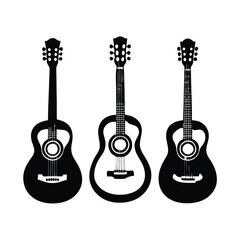 Obraz premium Silhouette of guitars, Set of black and white acoustic guitars
