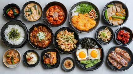 Array of Asian dishes, bowls, and sides