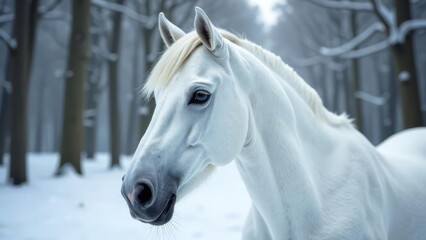 Obraz premium Beautiful purebred white horse on a frosty winter day