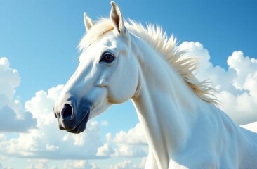 Obraz premium Beautiful thoroughbred white horse against blue clouds