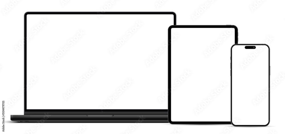 Aufkleber laptop computer, tablet pc and mobile phone mockup front view, black digital devices screen template