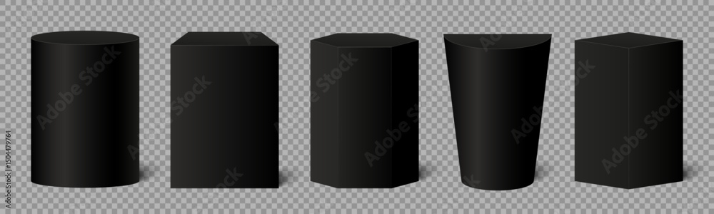 Poster black geometric gallery shape podiums set. blank stands in round, square and hexagon forms. column 3