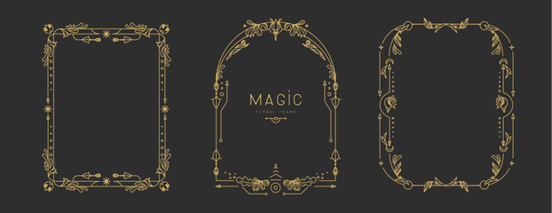 Set of modern magic witchcraft frames with floral elements and ornament. Line art decorative floral design. Vector illustration
