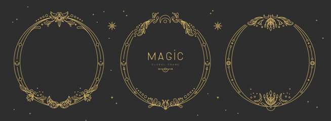 Set of modern magic witchcraft  round frames with floral elements and ornament. Line art decorative floral design. Vector illustration
