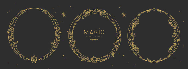 Set of modern magic witchcraft  round frames with floral elements and ornament. Line art decorative floral design. Vector illustration