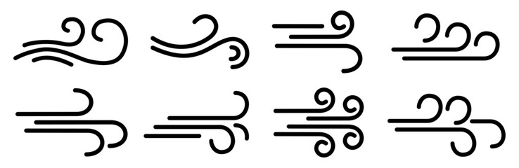 Wind blow line icon set, fresh cloud air speed symbol. Wind blow air line sign. Windy weather symbol