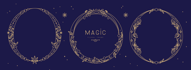 Set of modern magic witchcraft  round frames with floral elements and ornament. Line art decorative floral design. Vector illustration