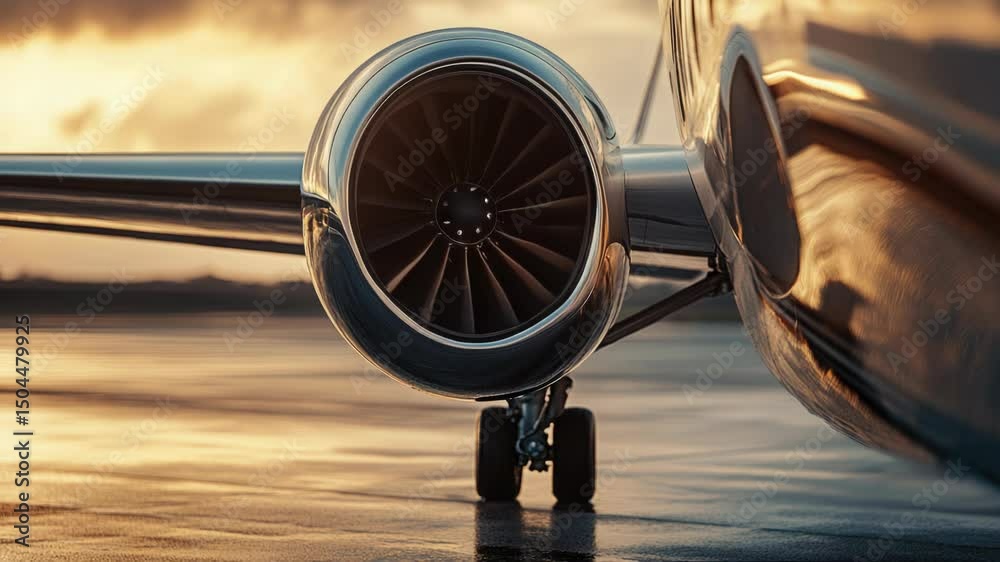 Poster a close-up view of a jet engine on an airplane, ideal for use in illustrations about aviation or tec