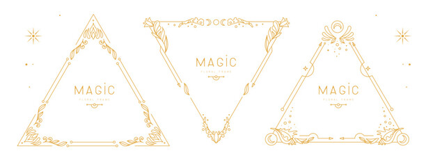 Set of modern magic witchcraft triangle frames with floral elements and ornament. Line art decorative floral design. Vector illustration © annbozhko