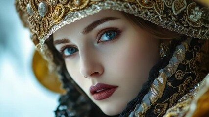 A close-up shot of a woman wearing a decorative headpiece, possibly for cultural or ceremonial purposes