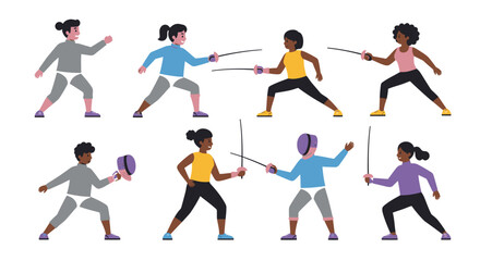 Diverse Fencers in Action A Colorful Display of Fencing Poses