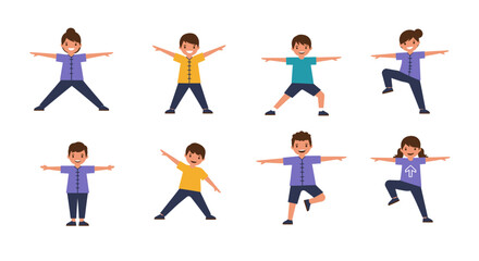 Diverse group of children in various yoga poses wearing colorful clothing