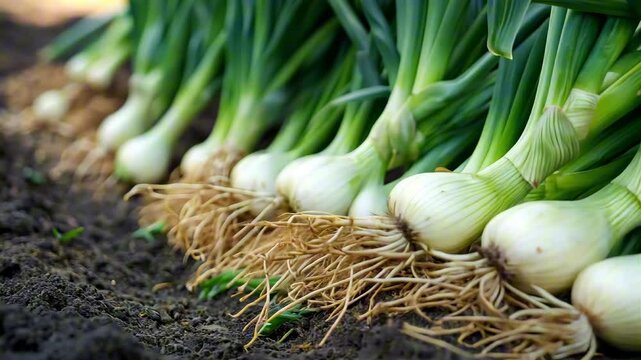 Growing leek onion harvest and producing vegetables cultivation. Concept of small eco green business organic farming gardening and healthy food	
