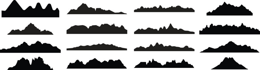 Mountain icons set, hill and rock black silhouettes, vector rocky valley landscape shapes. Mount peak or canyon range and alpine valley hills for hiking, camping or climbing sport and travel