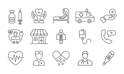 Healthcare icon set. Medicine and Health Care linear icon collection. Containing treatment, vaccination, health care, Patient hospital bed, Ambulance, doctor, nurse, medical shop, x ray, and more.