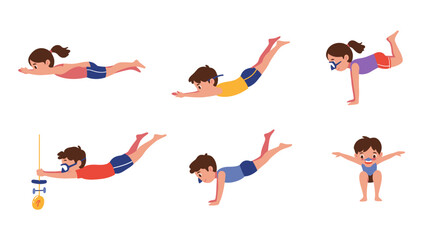 Cartoon Children Demonstrating Various Swimming and Diving Poses with Snorkels