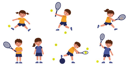 Cartoon children playing tennis in various poses with rackets and balls