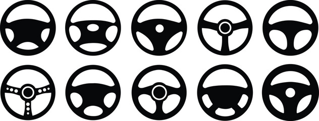 Steering wheel car icons set. Cars handle automobile driving in flat style logo for apps or websites, symbol vector.