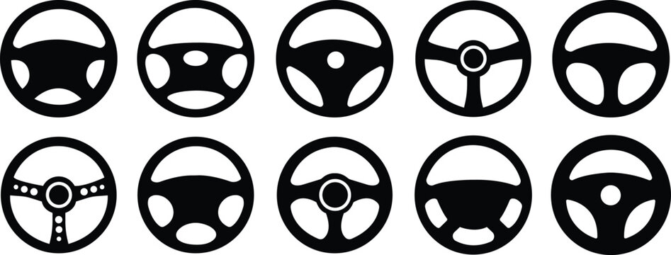Steering wheel car icons set. Cars handle automobile driving in flat style logo for apps or websites, symbol vector.