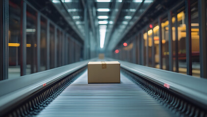 Fototapeta premium A cardboard box moves along a conveyor belt in a modern warehouse showcasing efficient logistics and fast package delivery.&nbsp;