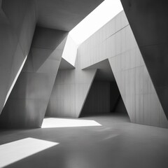Obraz premium Empty, modern concrete interior. Light streams into a space defined by angular concrete walls