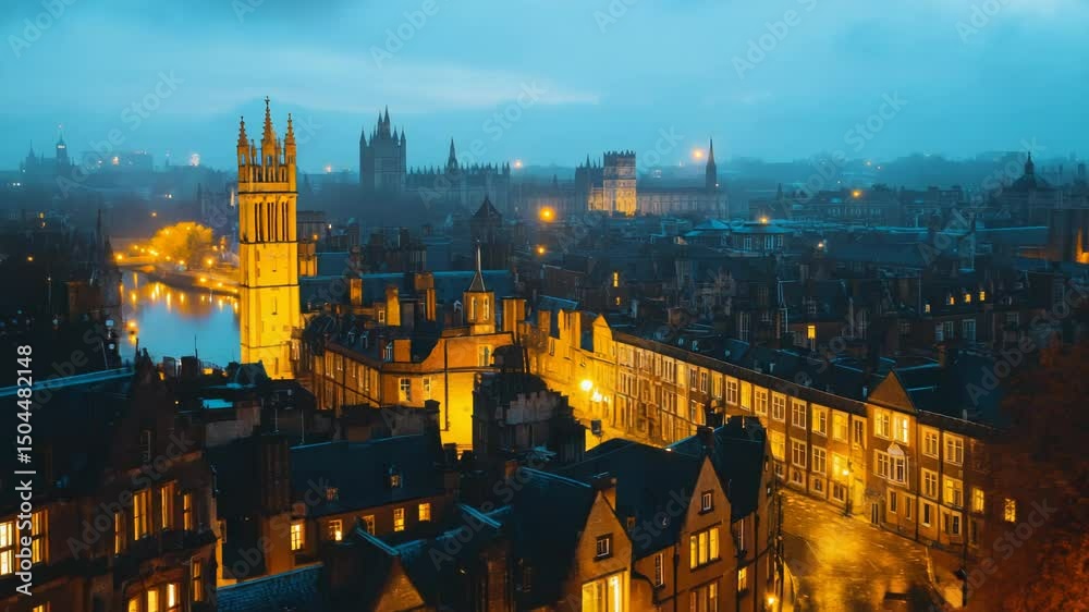 Poster urban landscape with a clock tower visible in the distance, suitable for use in city-themed designs 