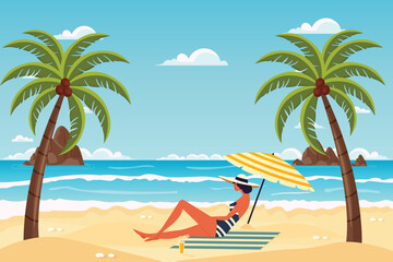 woman under umbrella on summer tropical beach with ocean view vector illustration.