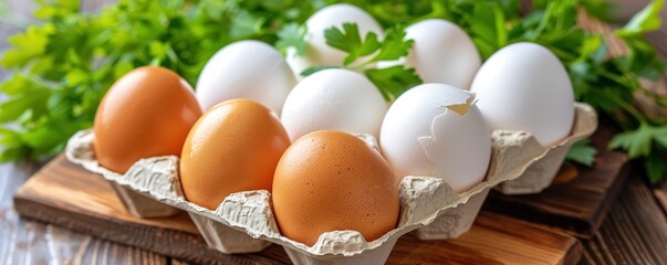 Close up of a carton of brown and white eggs with fresh parsley.