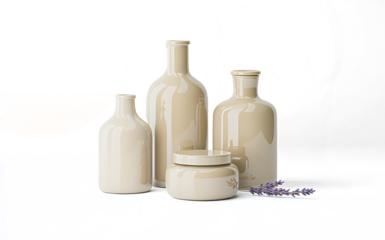 transparent background featuring several ceramic cream bottles/jars arranged on a plain. The bottles/jars have clean, simple designs, reflecting 