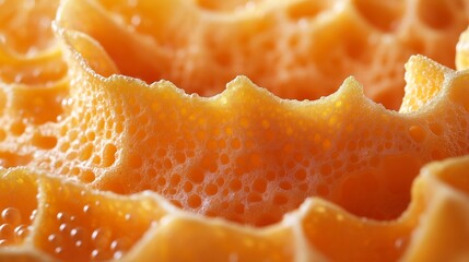 Close up of light orange honeycomb-like texture with irregular edge and bubbly surface