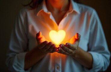 Person holds glowing heart symbol, representing inner light. Symbol of love, emotion, spirituality. Image focus on hands, heart. Symbolic representation of connection, warmth, tenderness, human