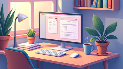 Eine isometrische Darstellung eines modernen Remote-Arbeitsplatz-Setups – ein Home-Office-Schreibtisch mit Monitoren. KI Generated