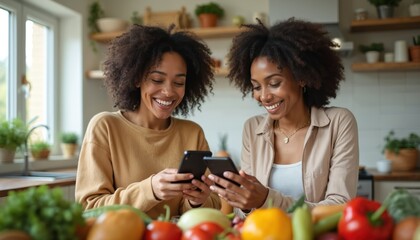 Two black women smiling, using phones in kitchen. Fresh vegetables on table, healthy food concept. Modern tech for diet, meal planning, weight loss. Online nutrition app. Modern digital lifestyle.