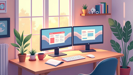 Eine isometrische Darstellung eines modernen Remote-Arbeitsplatz-Setups – ein Home-Office-Schreibtisch mit Monitoren. KI Generated