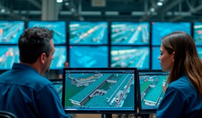 Operations team supervising automated package sorting systems through digital monitoring and control interface