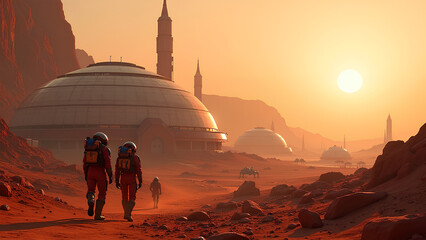 Eine futuristische Marsbasis mit gewölbten Habitaten, Astronauten in modernen Raumanzügen laufen auf rotem Terrain. KI Generated