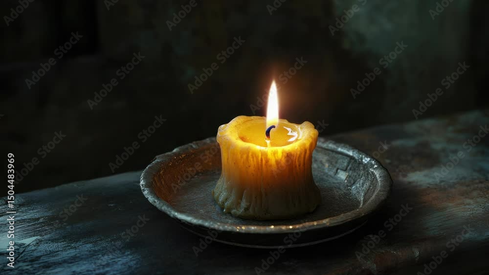 Poster A single lit candle placed on a plate on a table, great for adding warmth to any scene