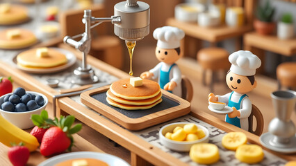 Miniature pancake factory with toy chefs making pancakes, fresh fruit, and syrup pouring, creating playful and cozy breakfast scene