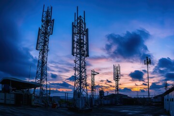 Telecommunication towers against a colorful sunset sky