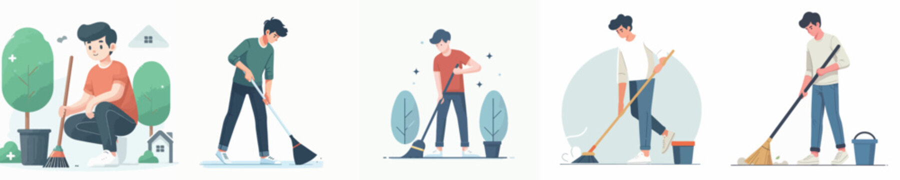 vector of a young man sweeping